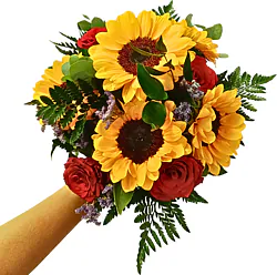 The Sunflower and Red Rose Bouquet expresses love and joy with a vibrant combination of colors and natural elegance, ideal for any occasion.