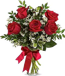 Bouquet of 5 red roses with seasonal greenery decoration. Perfect for expressing feelings and beautifying any occasion