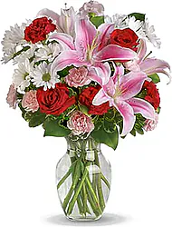 Flower Bouquet with red roses, pink oriental lilies, red carnations, light pink mini carnations, and white daisy spray chrysanthemums