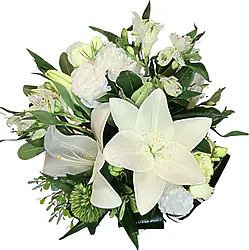 This snow-white bouquet includes hydrangeas, Asiatic lilies, alstroemerias, mini carnations, matthiolas, and fresh green pittosporum.